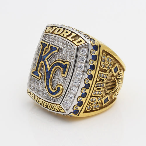 Kansas City Royals 2015 World Series MLB Championship Ring 18K Gold Plating with dark blue cubic zirconias