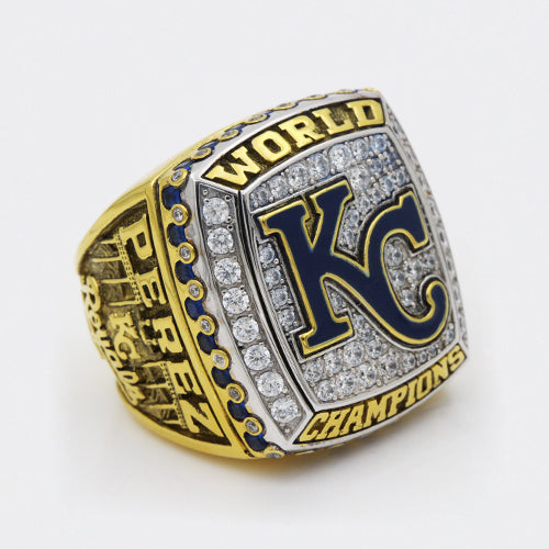 Kansas City Royals 2015 World Series MLB Championship Ring 18K Gold Plating with dark blue enamel